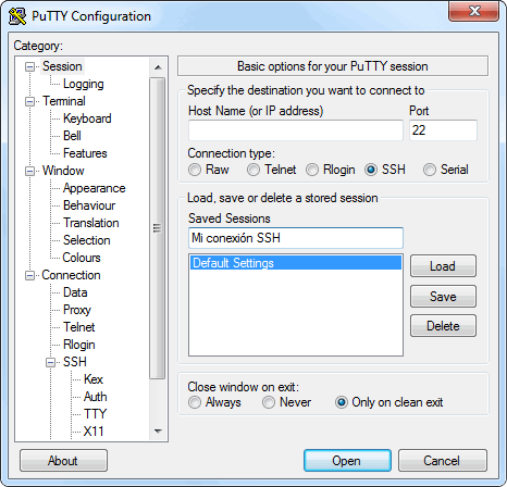 Uso básico de PuTTY