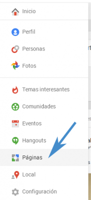 menú google plus para crear página