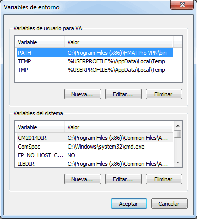 Editor de variables de entorno de windows 7