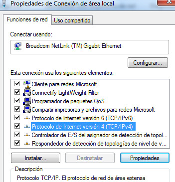 Propiedades conexión ipv4 windows 7