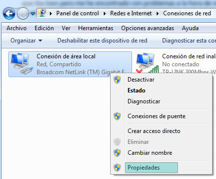 Propiedades de conexión en Windows 7