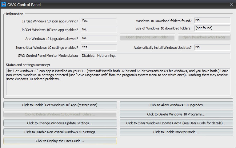 GWX control panel