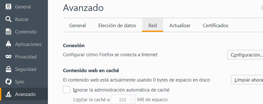 Firefox opciones de red