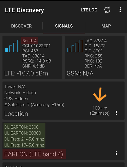 obtener frecuencia y banda en LTE Discovery para android