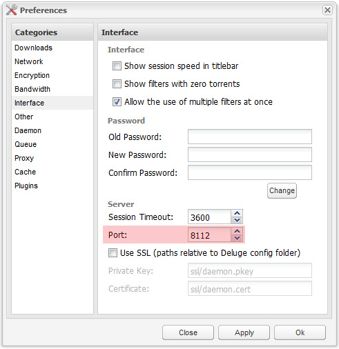 cambiar puerto interfaz web Deluge