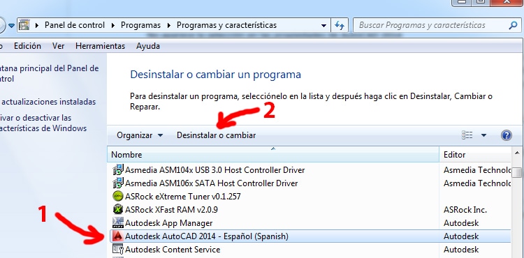 desinstalar cambiar autocad 2014