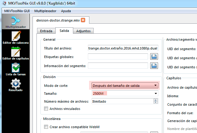 MKVToolNix division de archivos