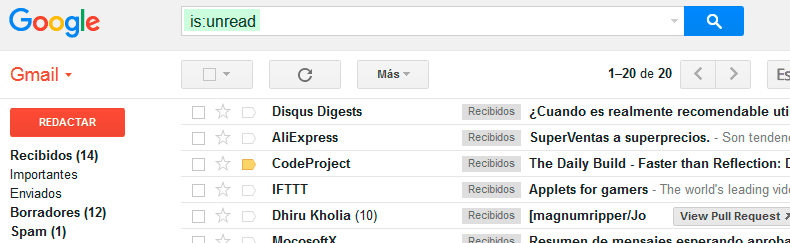 Filtro correos no leidos en Gmail