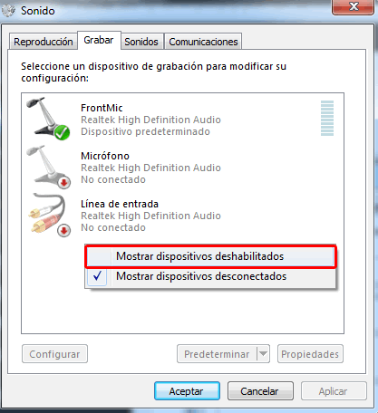 Mostrar dispositivos deshabilitados de grabacion en Windows