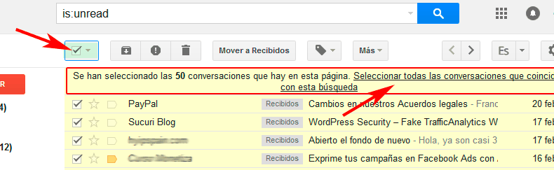 Seleccionar todos los emails no leidos en Gmail