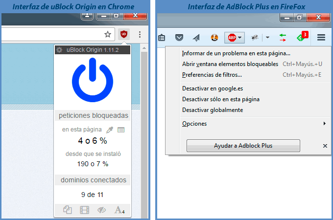 Interfaz de AdBlock Plus yuBlock Origin