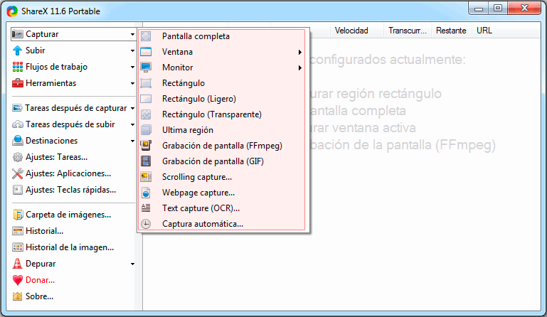 Opciones de captura de pantalla de ShareX