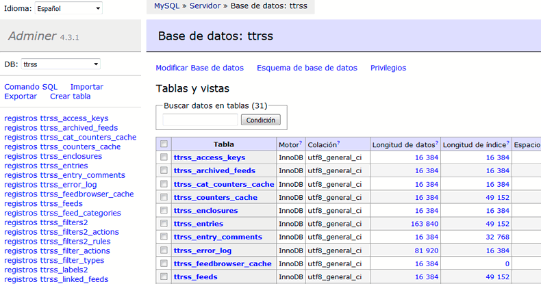 Interfaz de Adminer