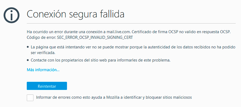 Error de "Conexión segura fallida" en FireFox