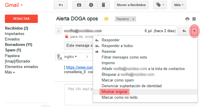 mostrar original gmail