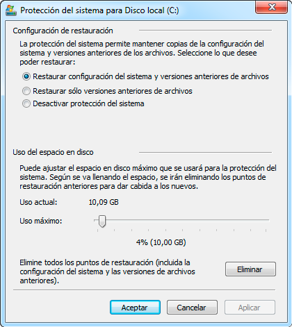 eliminar puntos restauracion windows