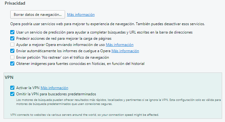 VPN Opera opciones