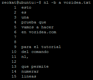 comando nl numerar todas las lineas
