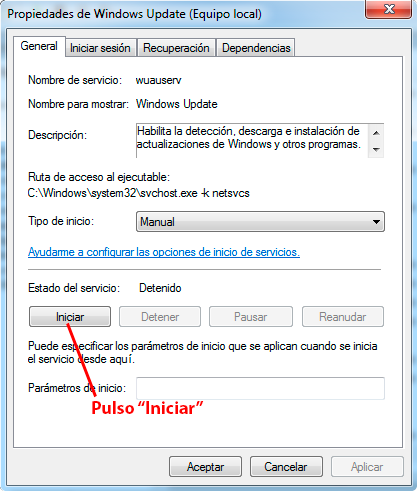 iniciar servicio windows update