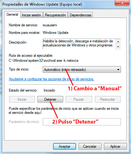 propiedades servicio windows update