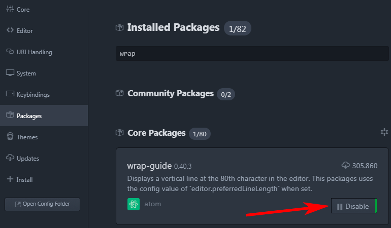 deshabilitar wrap-guide editor atom