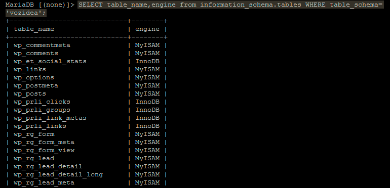 motor de almacenamiento de base de datos wordpress