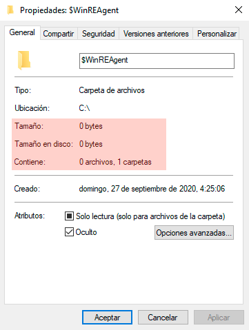 Propiedades de la carpeta $WInREAgent