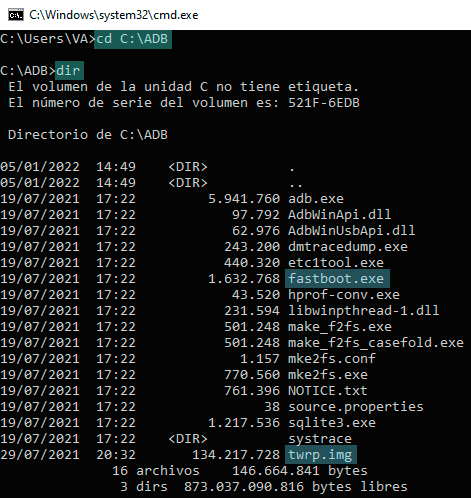 Consola ADB fastboot TWRP